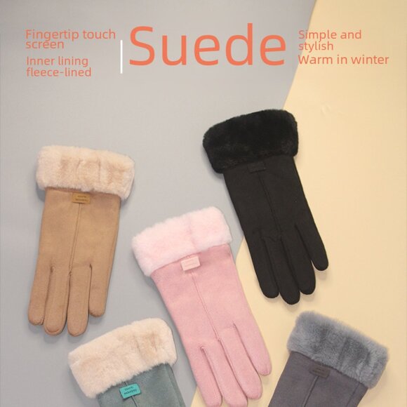 2/$30 Black Touch Screen Faux Suede Fashion Gloves with Faux Fur Trim Winter - Picture 5 of 6